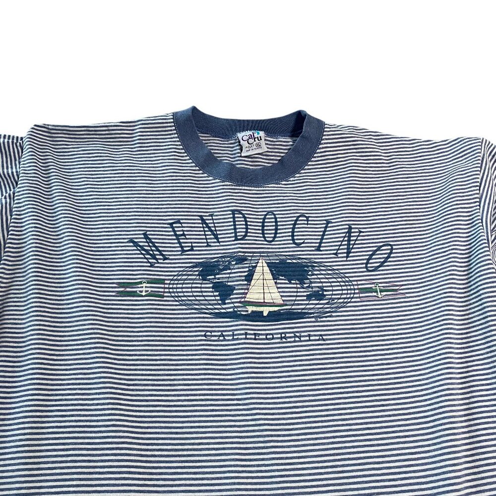 Vintage Tee XL Cal Cru Mendocino Shirt Sail BoatStripped Cotton Oversized Tshirt